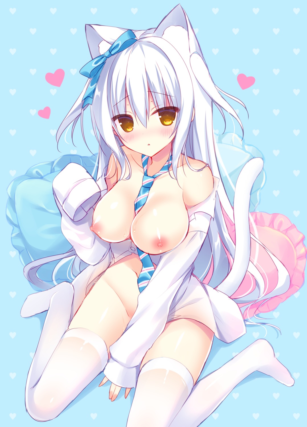 animal_ears bottomless breasts hasune nekomimi nipples no_bra open_shirt seifuku tail thighhighs