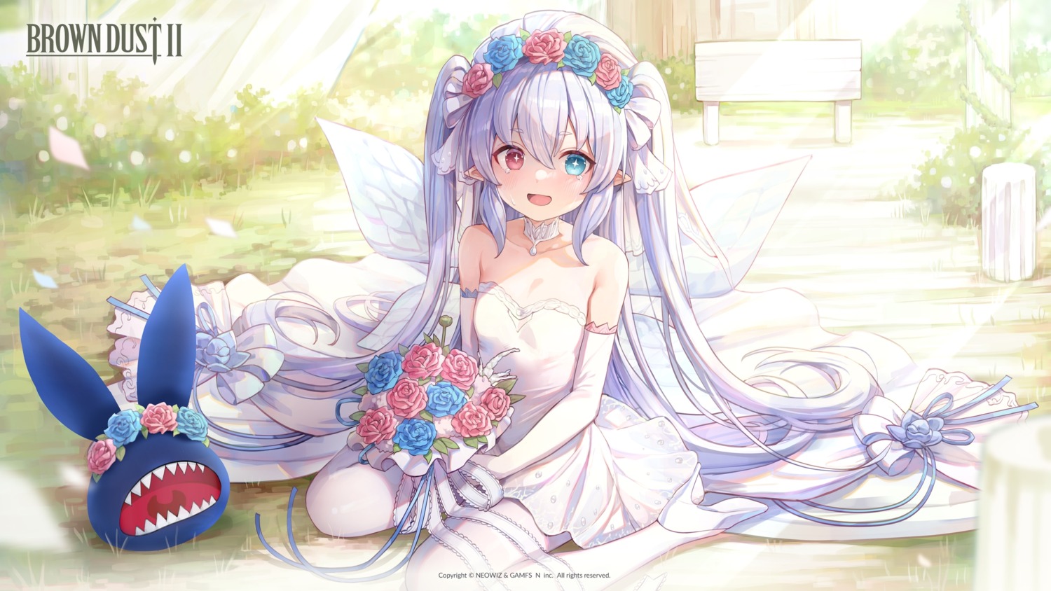 brown_dust_ii dress heels heterochromia misyune no_bra pantyhose pointy_ears refithea_(brown_dust_ii) wedding_dress wings