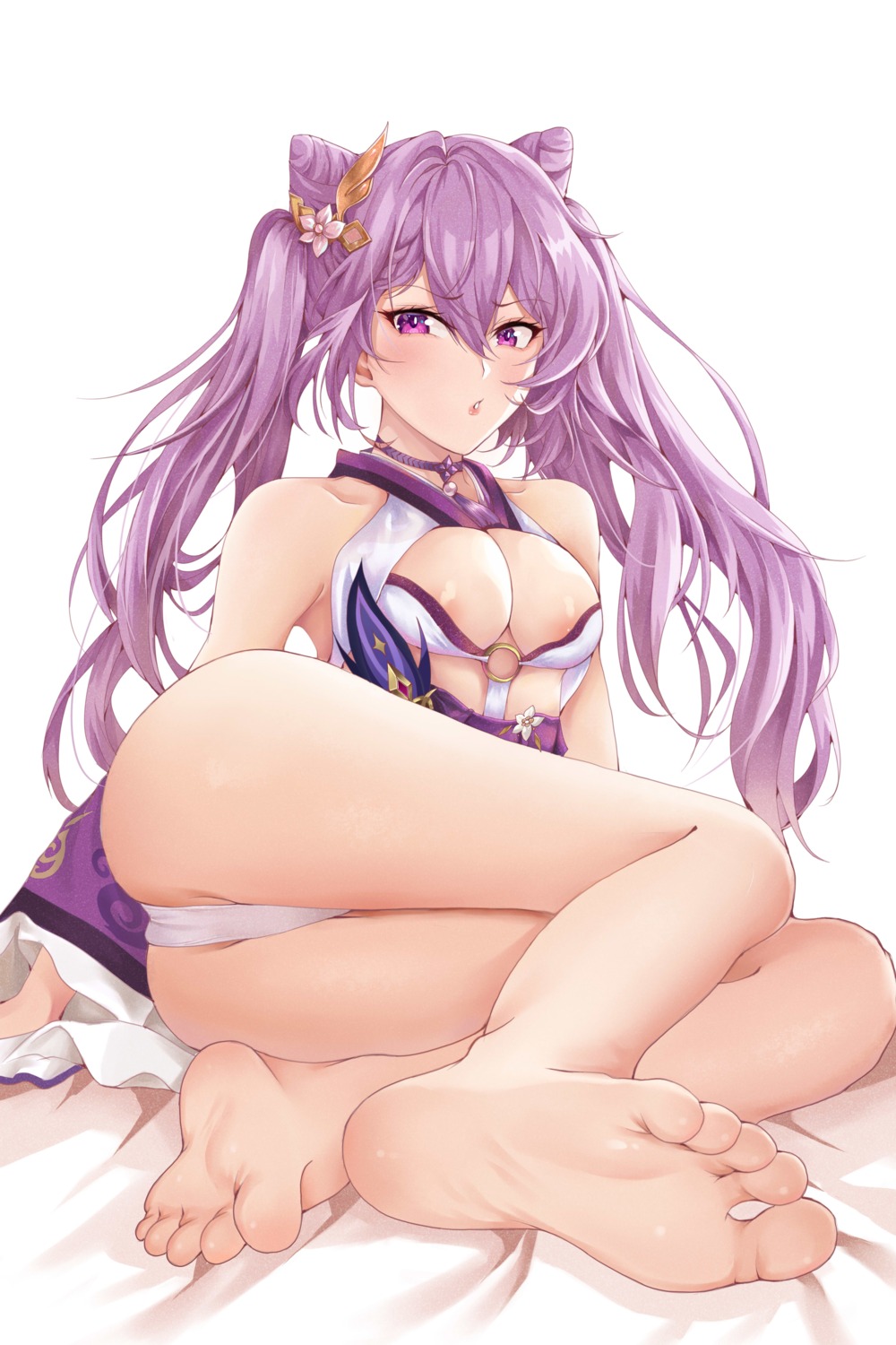 areola asian_clothes ass feet genshin_impact icons_(1452697582) keqing no_bra open_shirt pantsu thong