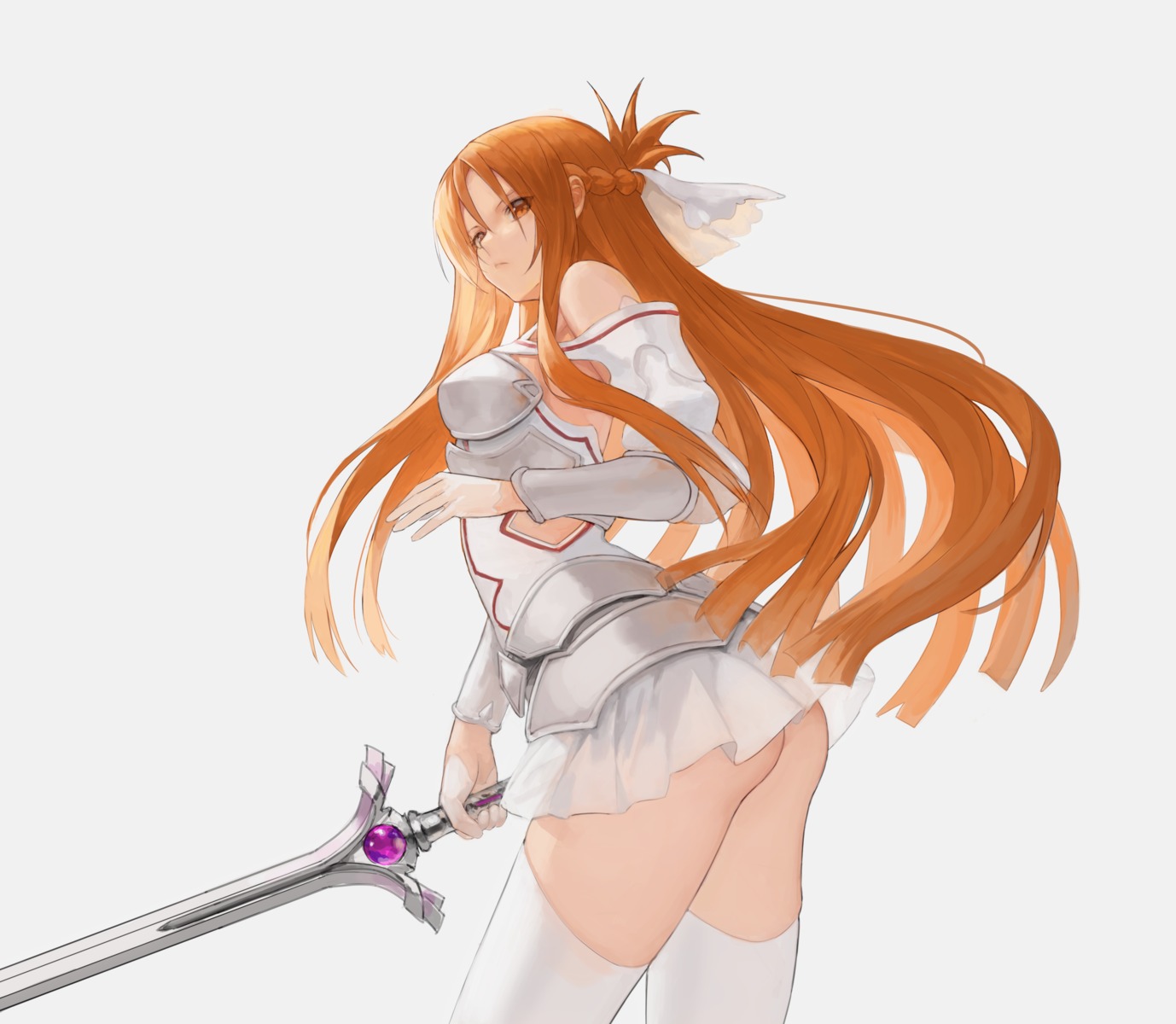 armor ass asuna_(sword_art_online) egk513 nopan see_through skirt_lift sword sword_art_online thighhighs