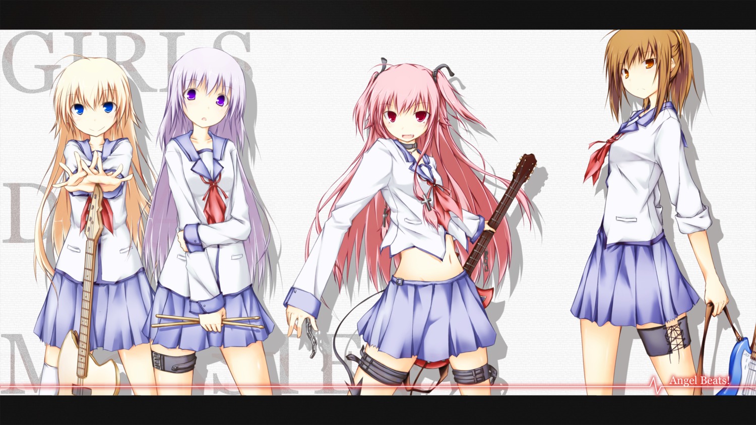 an_(angular-angler) angel_beats! fuchita_hisako garter guitar irie_miyuki seifuku sekine_shiori wallpaper yoshioka_yui