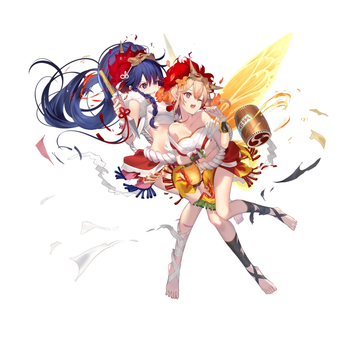 asian_clothes bandages fairy fire_emblem fire_emblem:_seima_no_kouseki fire_emblem_heroes horns mashima_saki_(mashimasa) nintendo open_shirt peony_(fire_emblem) pointy_ears sarashi tana_(fire_emblem) torn_clothes weapon wings