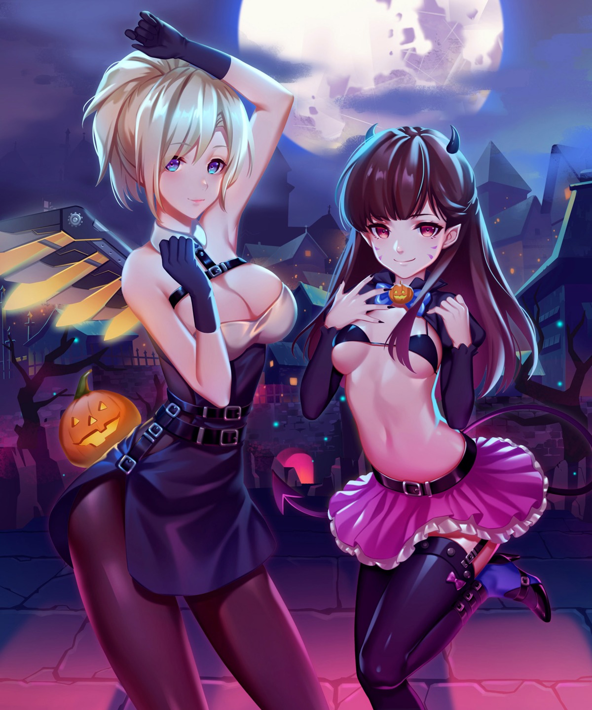 bikini_top cleavage d.va dress halloween heels horns littleamber mercy_(overwatch) overwatch pantyhose pointy_ears stockings swimsuits thighhighs underboob wings