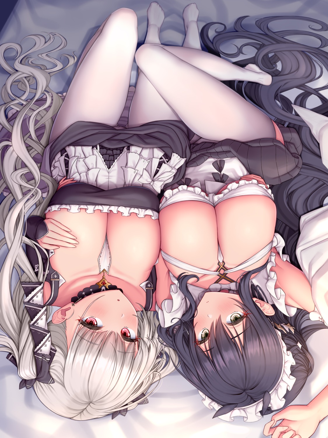 azur_lane cameltoe dress formidable_(azur_lane) gothic_lolita indomitable_(azur_lane) lolita_fashion maid melopun no_bra pantsu pantyhose skirt_lift thighhighs