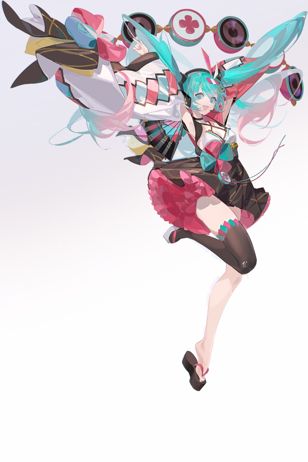 cleavage hatsune_miku headphones japanese_clothes magical_mirai no_bra samo_(shichun_samo) skirt_lift thighhighs vocaloid