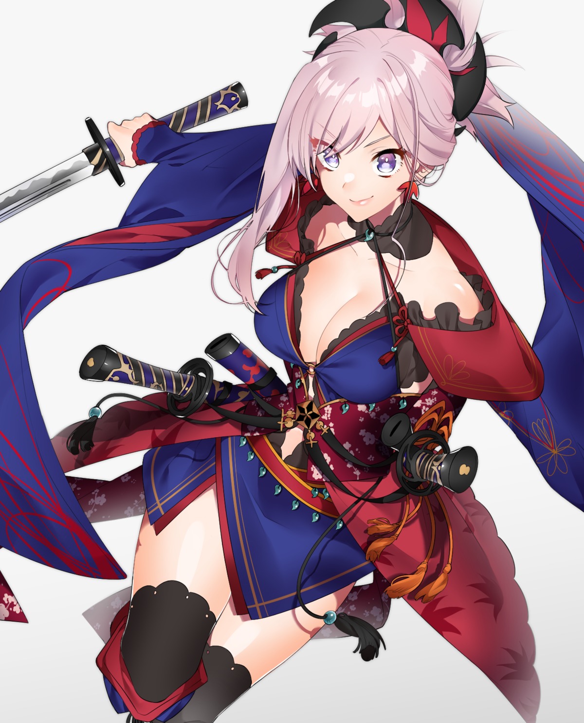 cleavage fate/grand_order japanese_clothes miyamoto_musashi_(fate/grand_order) sino42 sword thighhighs
