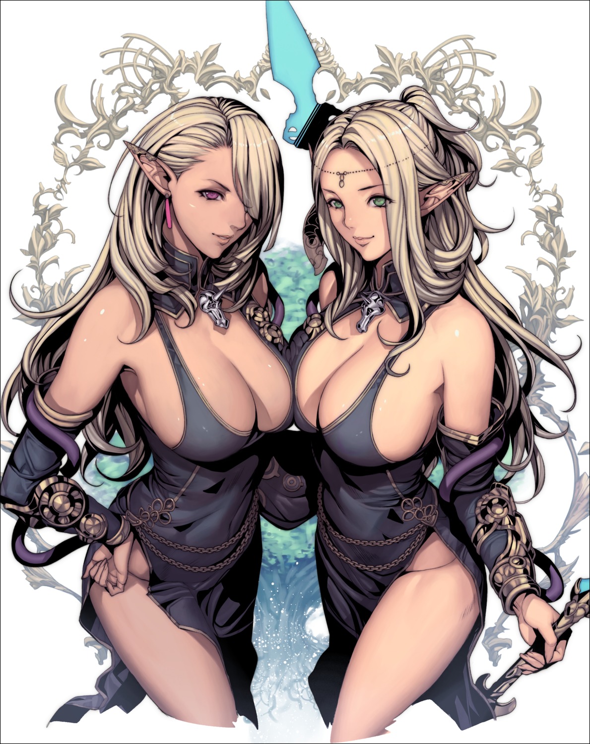 cleavage dress oda_non pointy_ears sekaiju_no_meikyuu symmetrical_docking