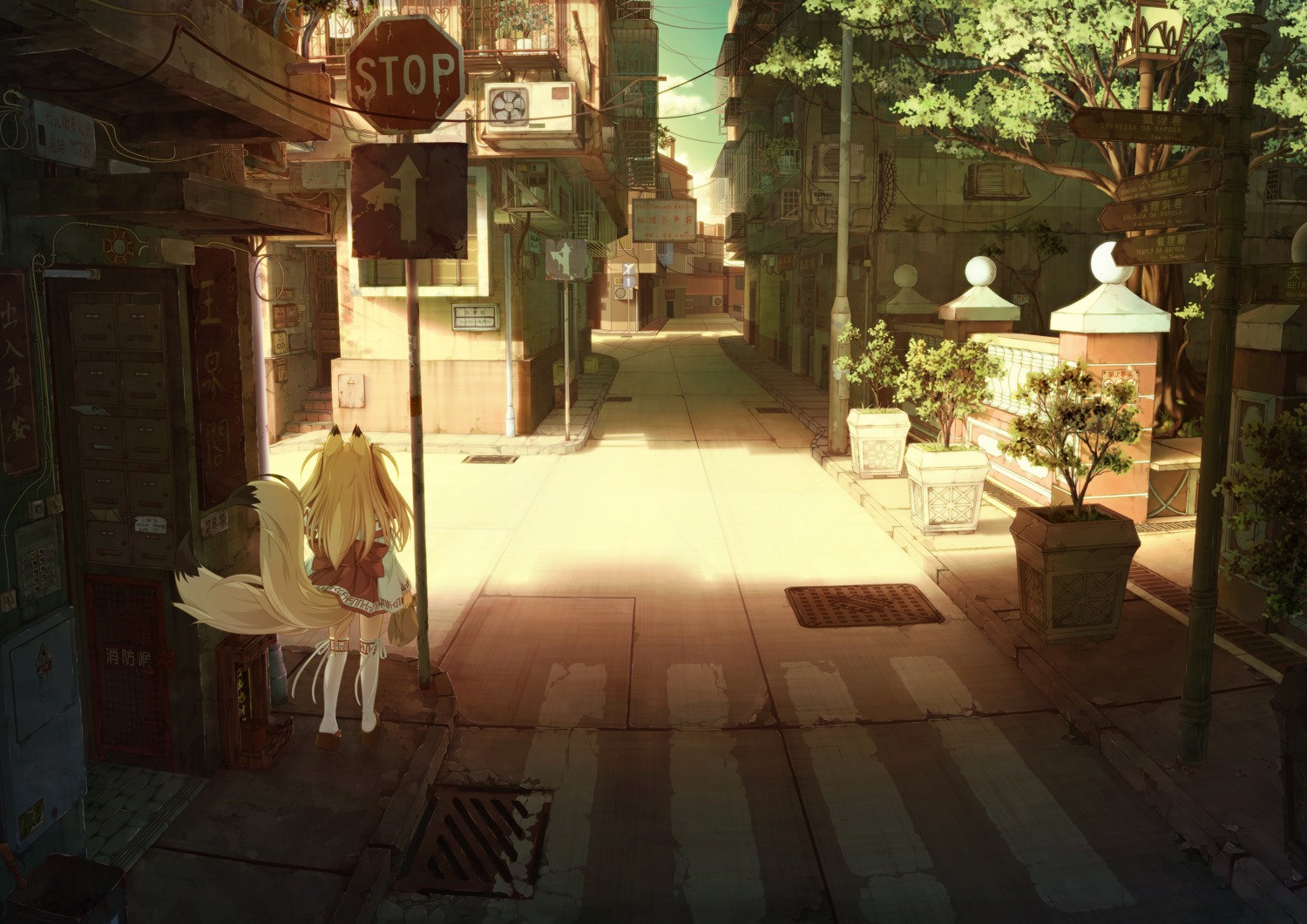 animal_ears kitsune landscape miko shiro_dai_kitsune tail thighhighs