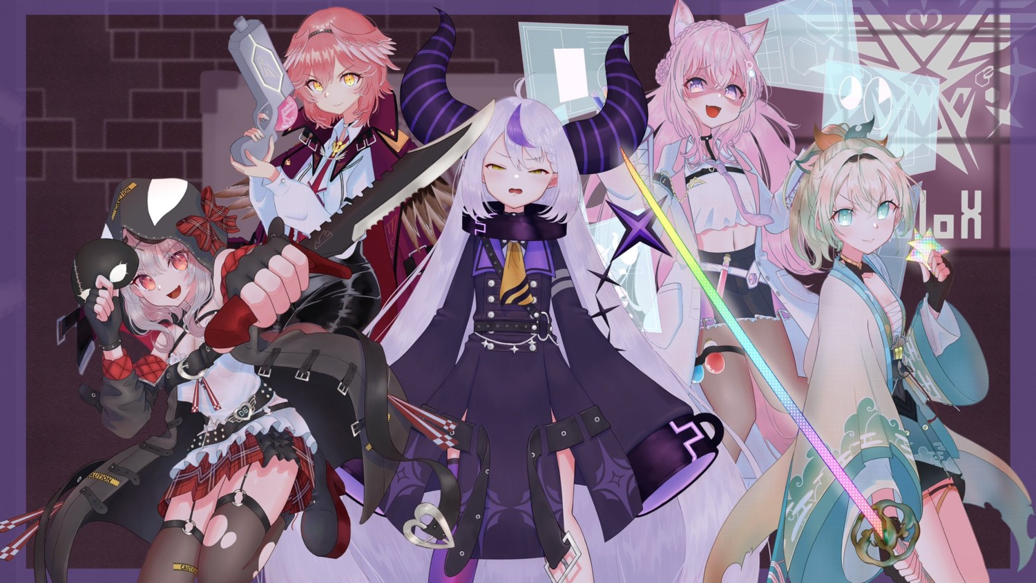 animal_ears devil garter gun hakui_koyori heels hiramercurius hololive horns japanese_clothes kazama_iroha la+_darknesss open_shirt pantyhose pointy_ears sakamata_chloe sarashi stockings sword tail takane_lui thighhighs torn_clothes uniform weapon wings