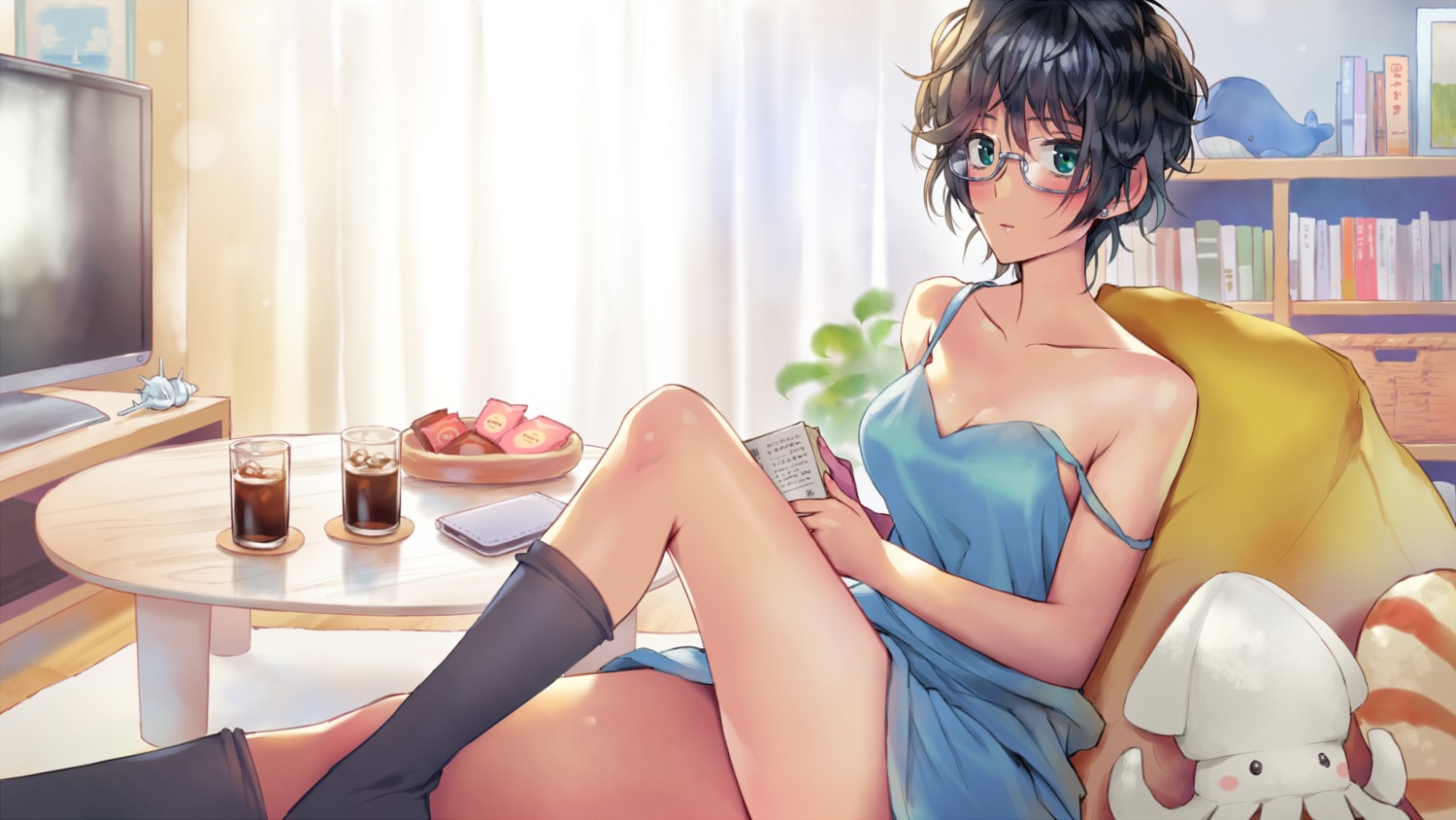 dress matsuda_(matsukichi) megane no_bra skirt_lift wallpaper