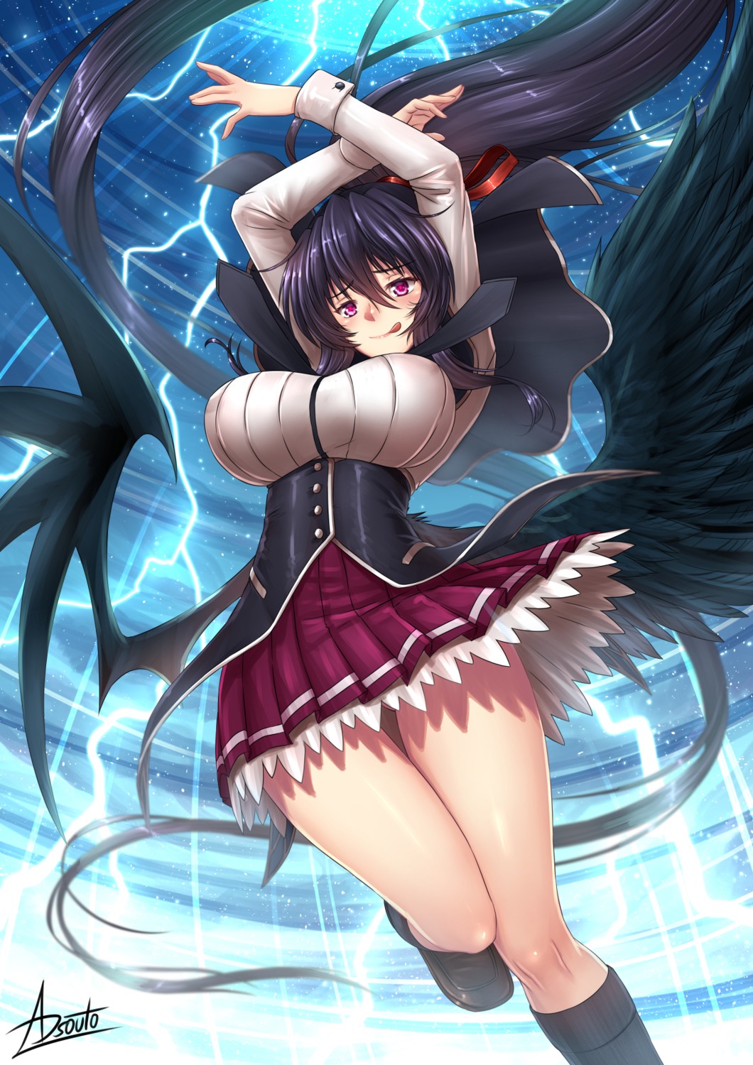 adsouto high_school_dxd_hero highschool_dxd himejima_akeno seifuku skirt_lift wings