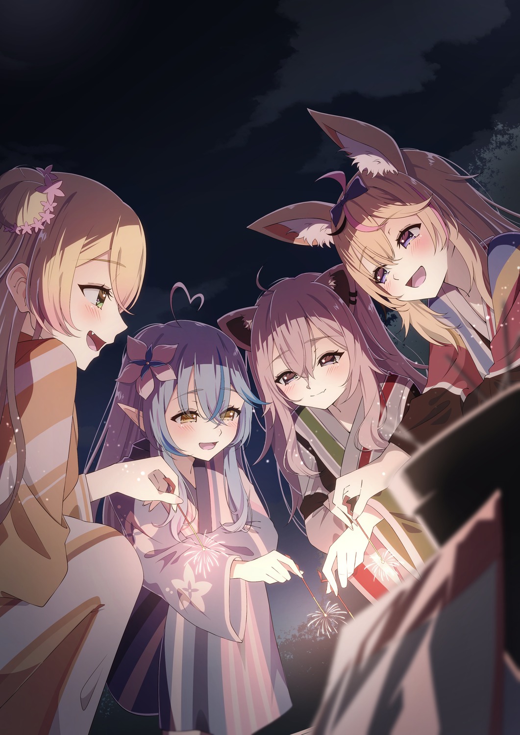 akashi_(4kc_27) animal_ears elf hololive momosuzu_nene omaru_polka pointy_ears shishiro_botan yukata yukihana_lamy