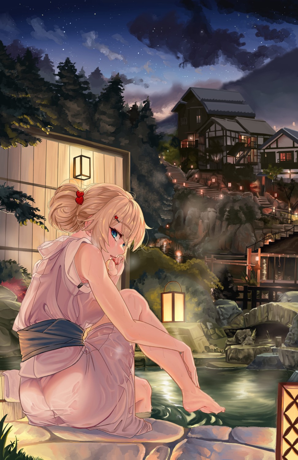 akai_haato ass feet hololive no_bra nopan onsen see_through snarkhunt wet wet_clothes yukata