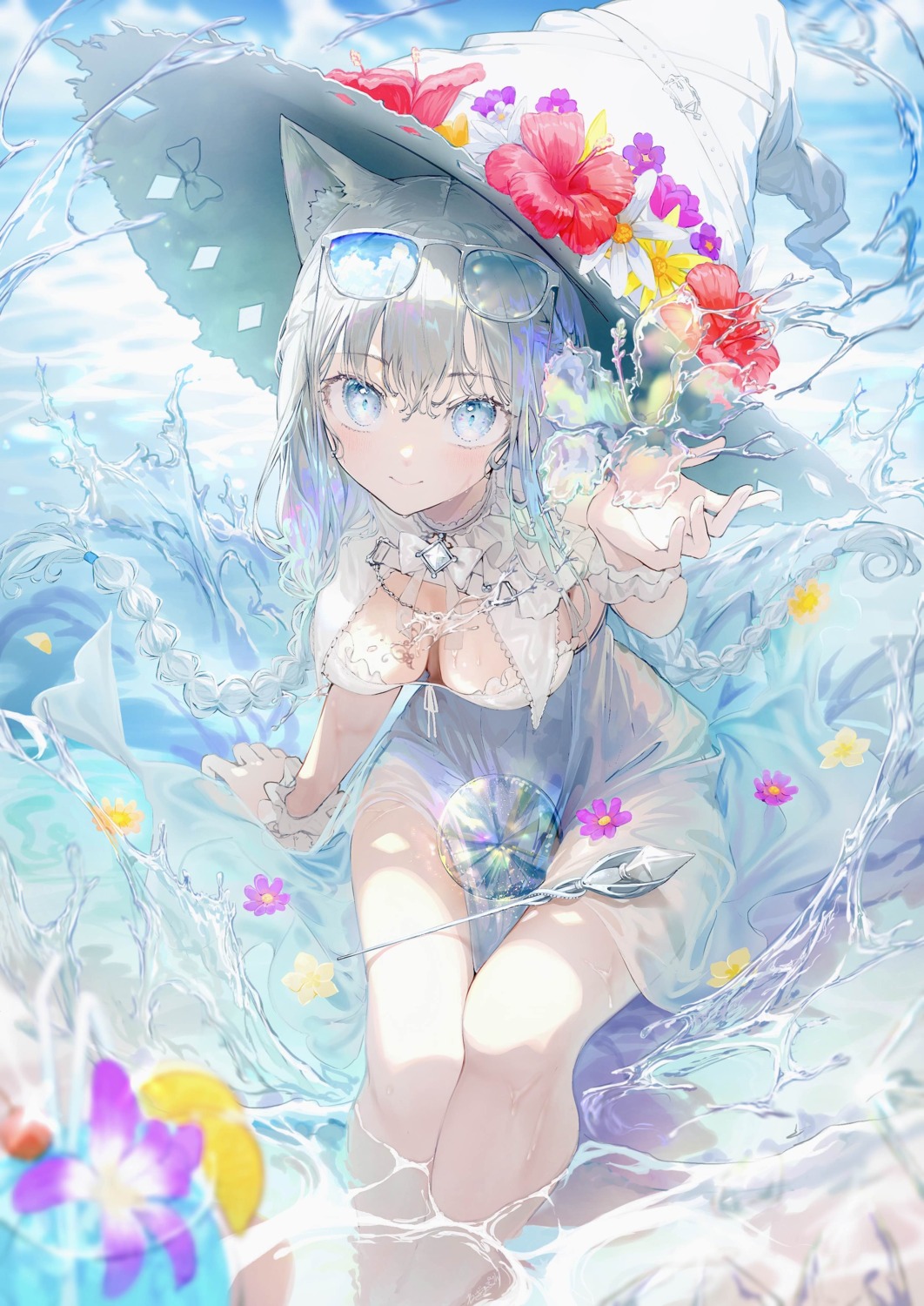 animal_ears dress megane negimapurinn no_bra see_through summer_dress weapon wet wet_clothes witch