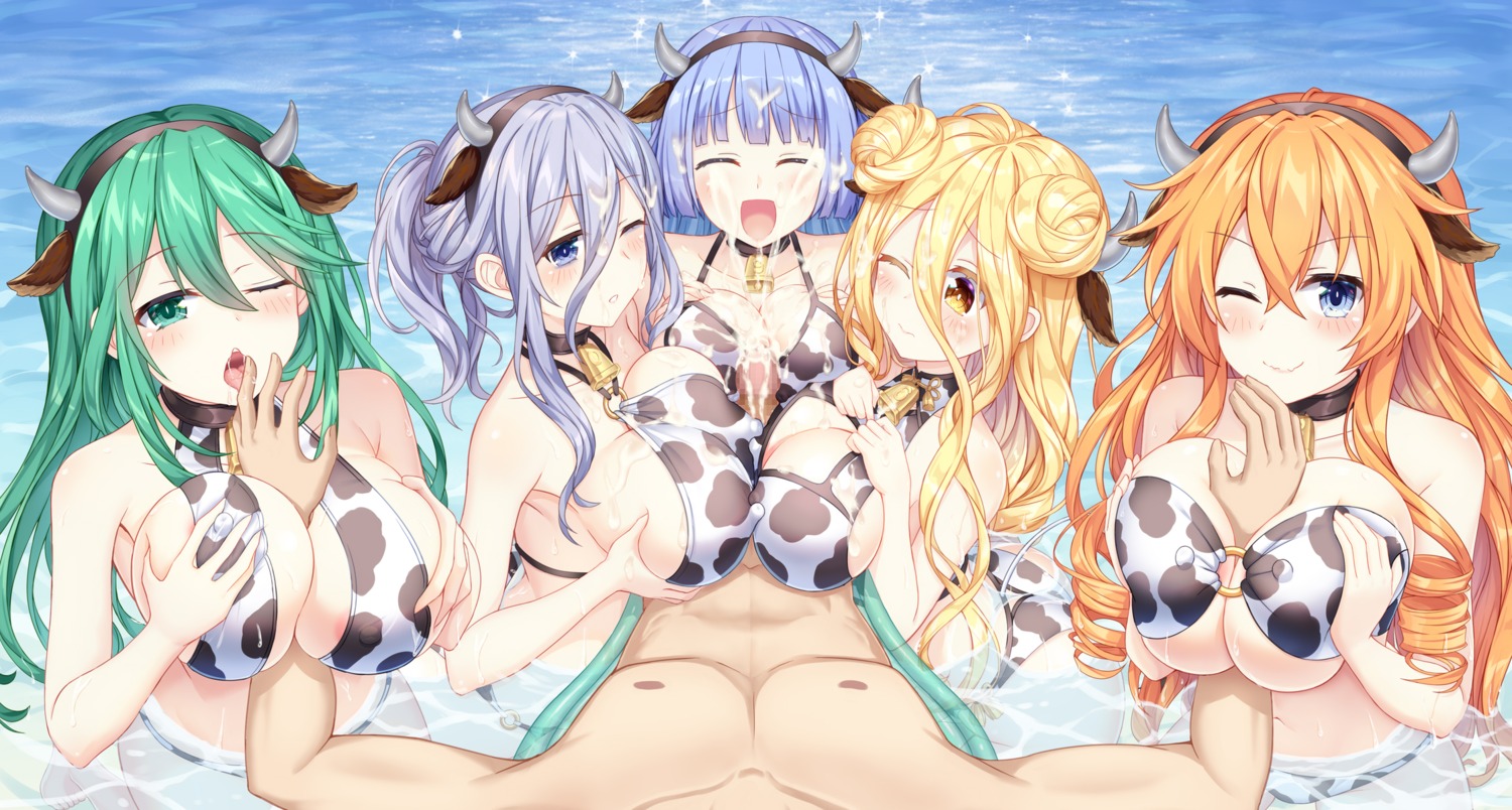 animal_ears areola ass bikini bikini_top breast_grab breast_hold censored cum date_a_live erect_nipples horns hoshimiya_mukuro izayoi_miku kazamachi_yamai kyouno_natsumi murasame_reine paizuri penis swimsuits symmetrical_docking tsubasaki wet