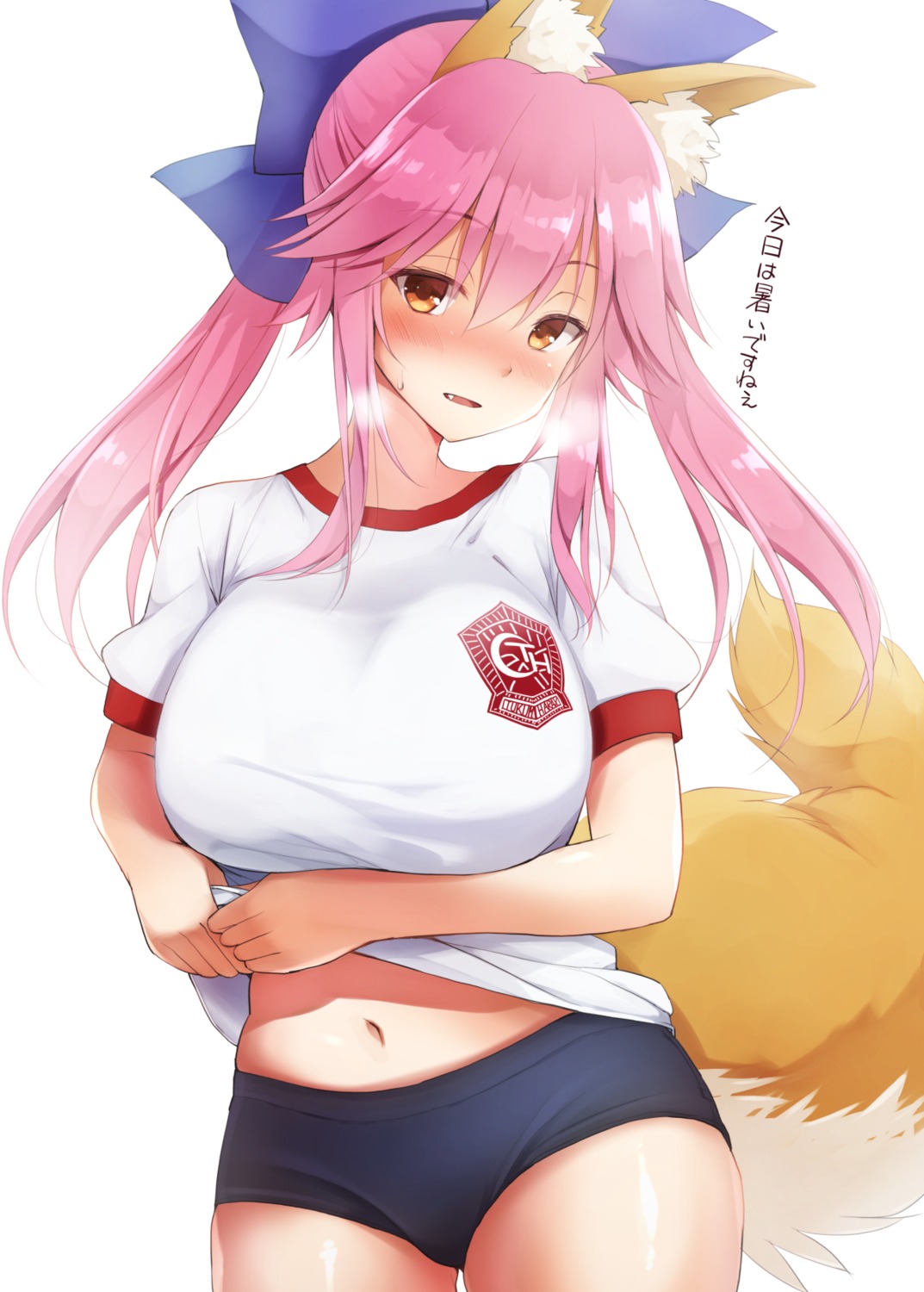 animal_ears buruma fate/grand_order gym_uniform kitsune kurikara shirt_lift tail tamamo_no_mae undressing