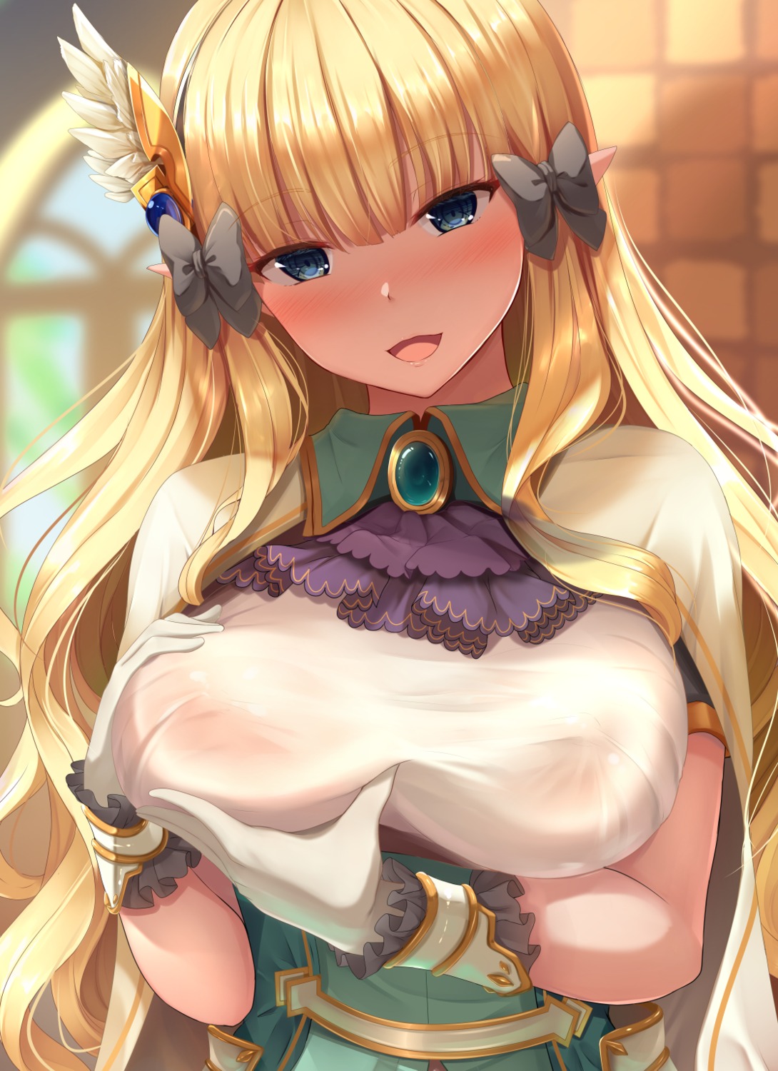 areola breast_hold erect_nipples nicoby no_bra pointy_ears princess_connect princess_connect!_re:dive sasaki_saren see_through