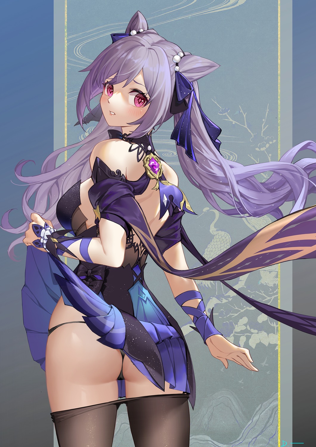 ass dress genshin_impact keqing linreplica no_bra pantsu pantyhose skirt_lift thong undressing