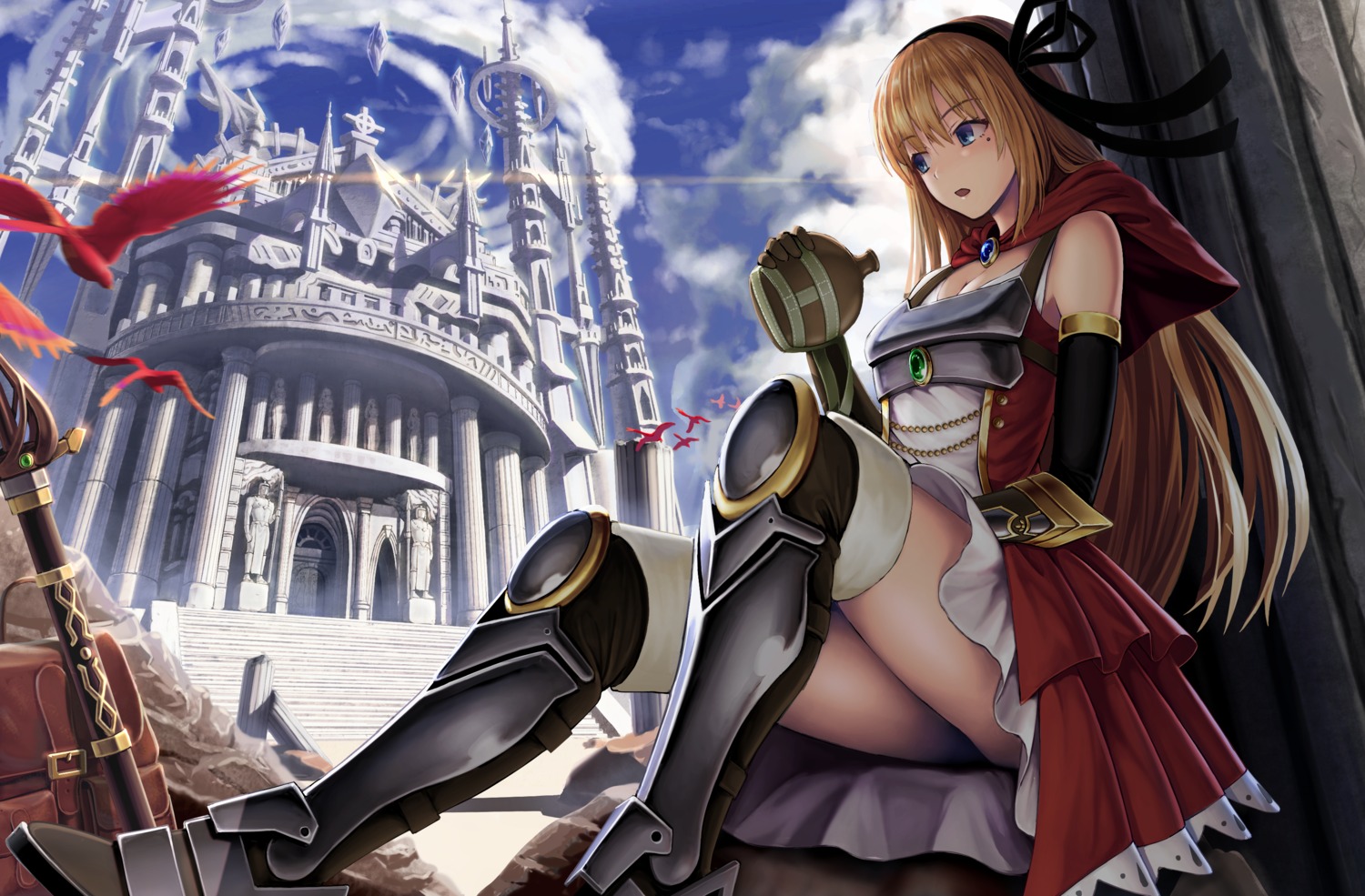 armor cleavage landscape sato_seitaka sword thighhighs