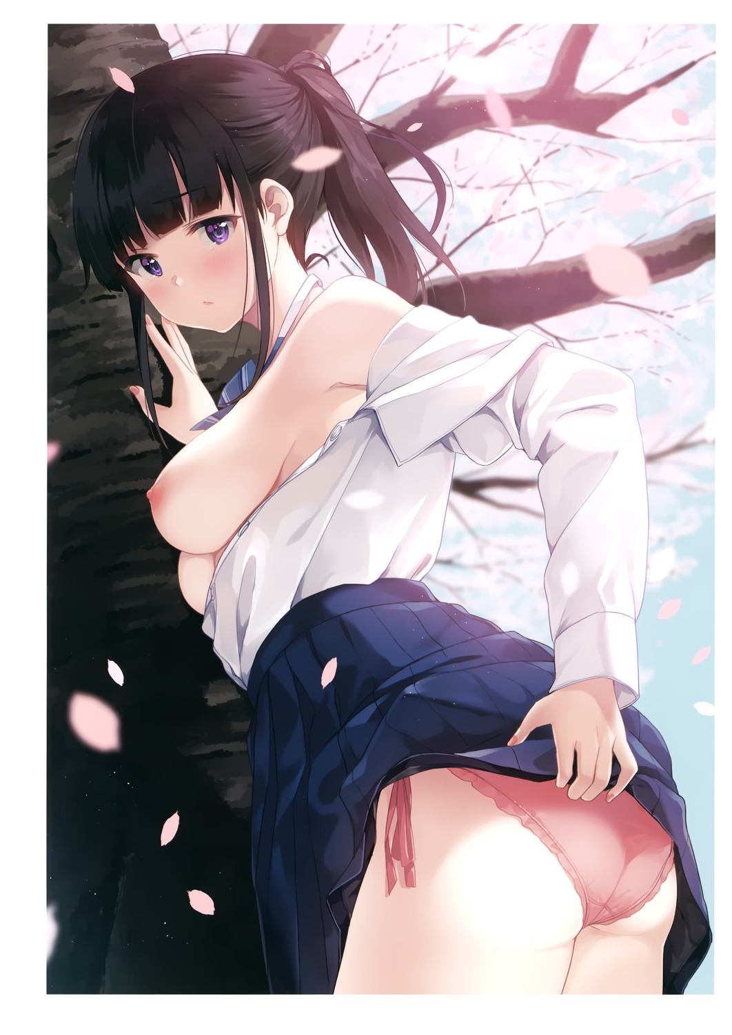 ass breasts nipples no_bra open_shirt pantsu seifuku skirt_lift string_panties unasaka