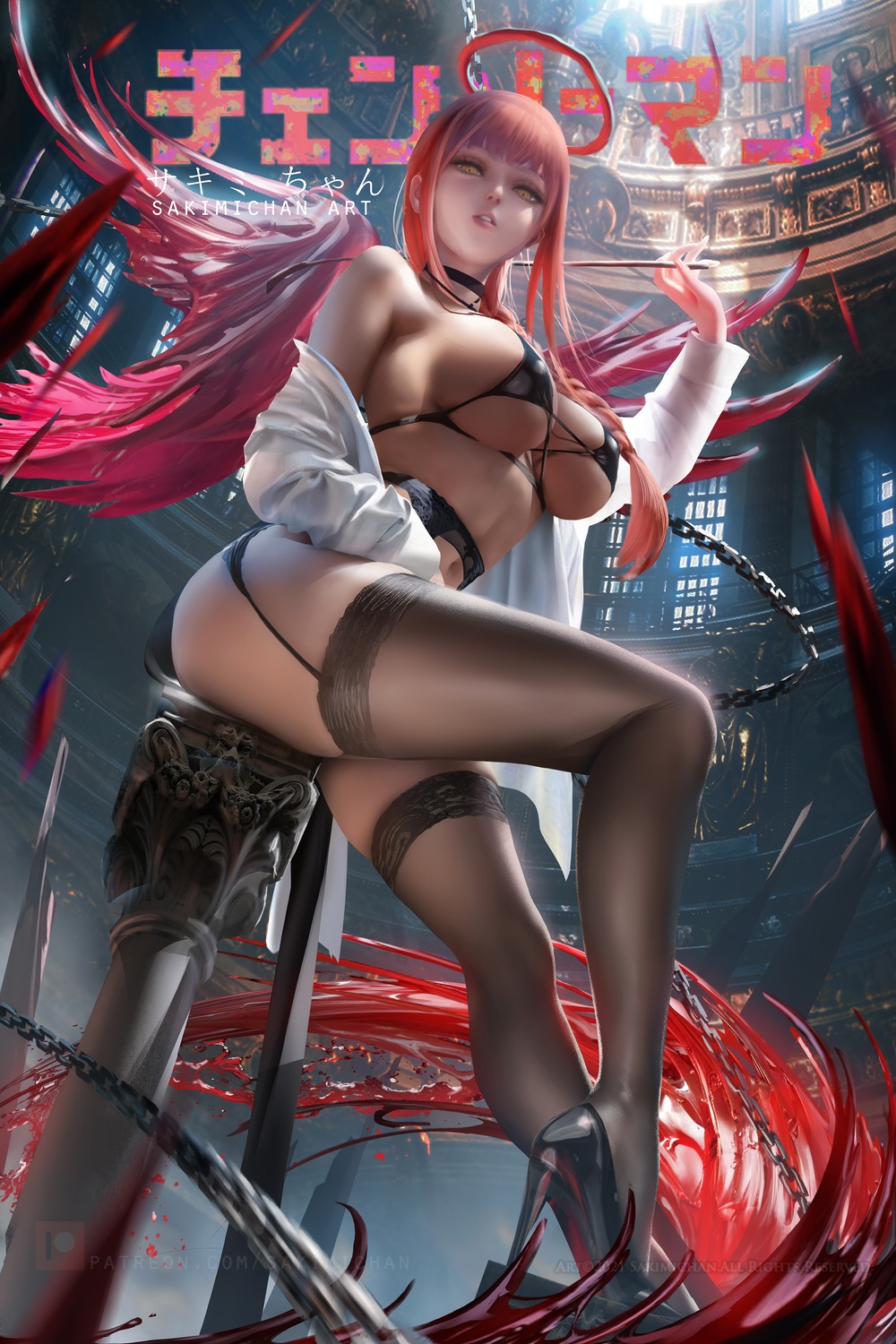 bra chainsaw_man erect_nipples garter_belt heels makima_(chainsaw_man) open_shirt sakimichan stockings thighhighs wings