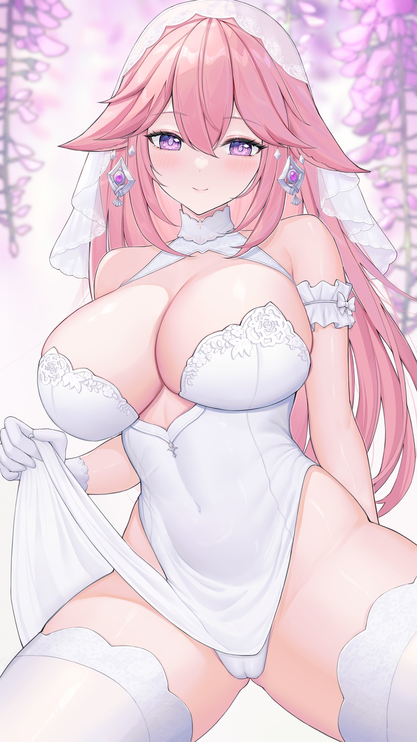 cameltoe dress genshin_impact no_bra skirt_lift thighhighs uka_(315302627) wedding_dress yae_miko