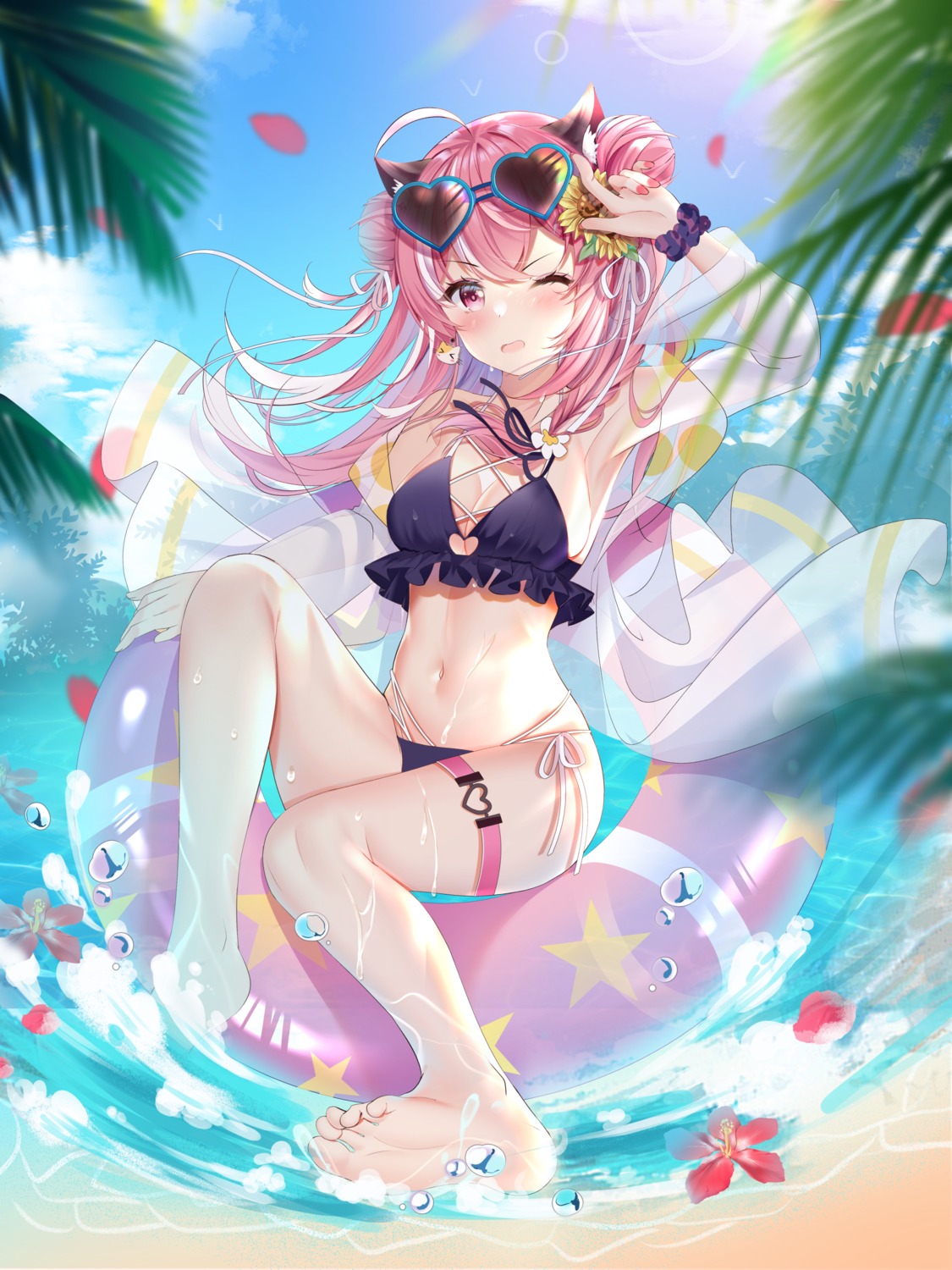 animal_ears bikini feet garter megane miaogujun open_shirt see_through swimsuits wet