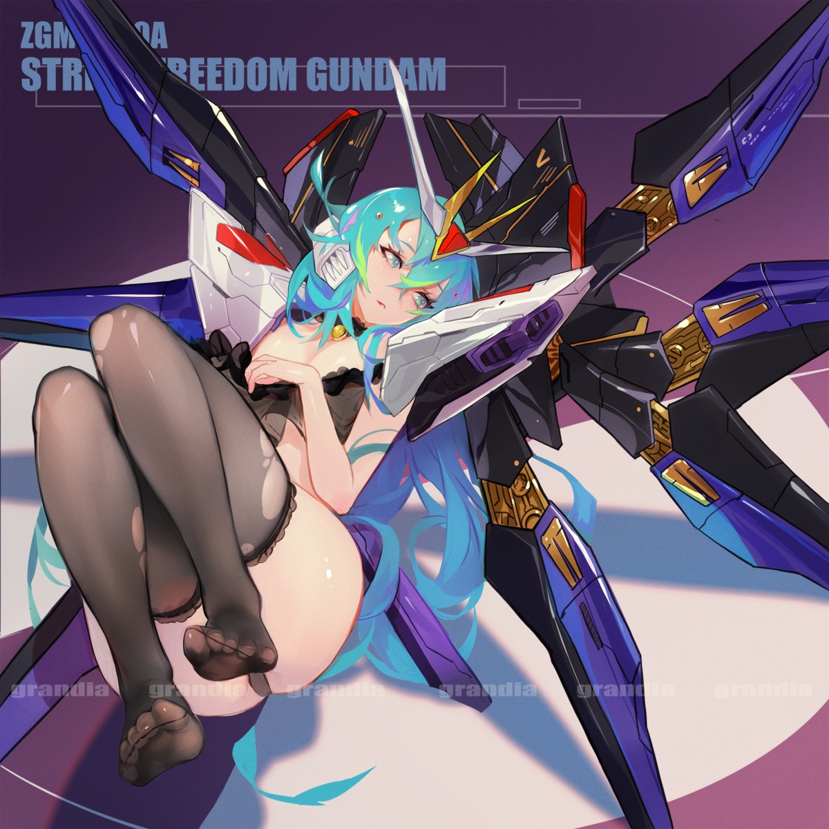 feet grandia_lee gundam gundam_seed gundam_seed_destiny lingerie mecha_musume pantsu strike_freedom_gundam thighhighs torn_clothes