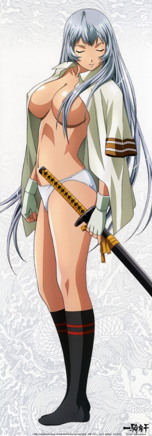 chouun_shiryuu ikkitousen ikkitousen~great_guardians~ no_bra open_shirt pantsu rin_sin stick_poster