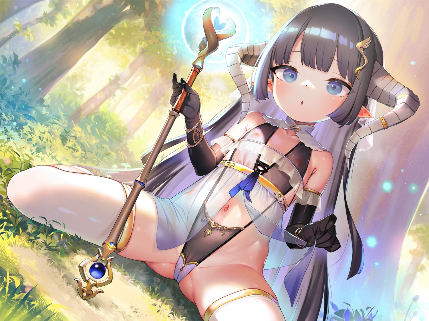 henreader horns loli nipples no_bra nopan pointy_ears see_through skirt_lift thighhighs weapon