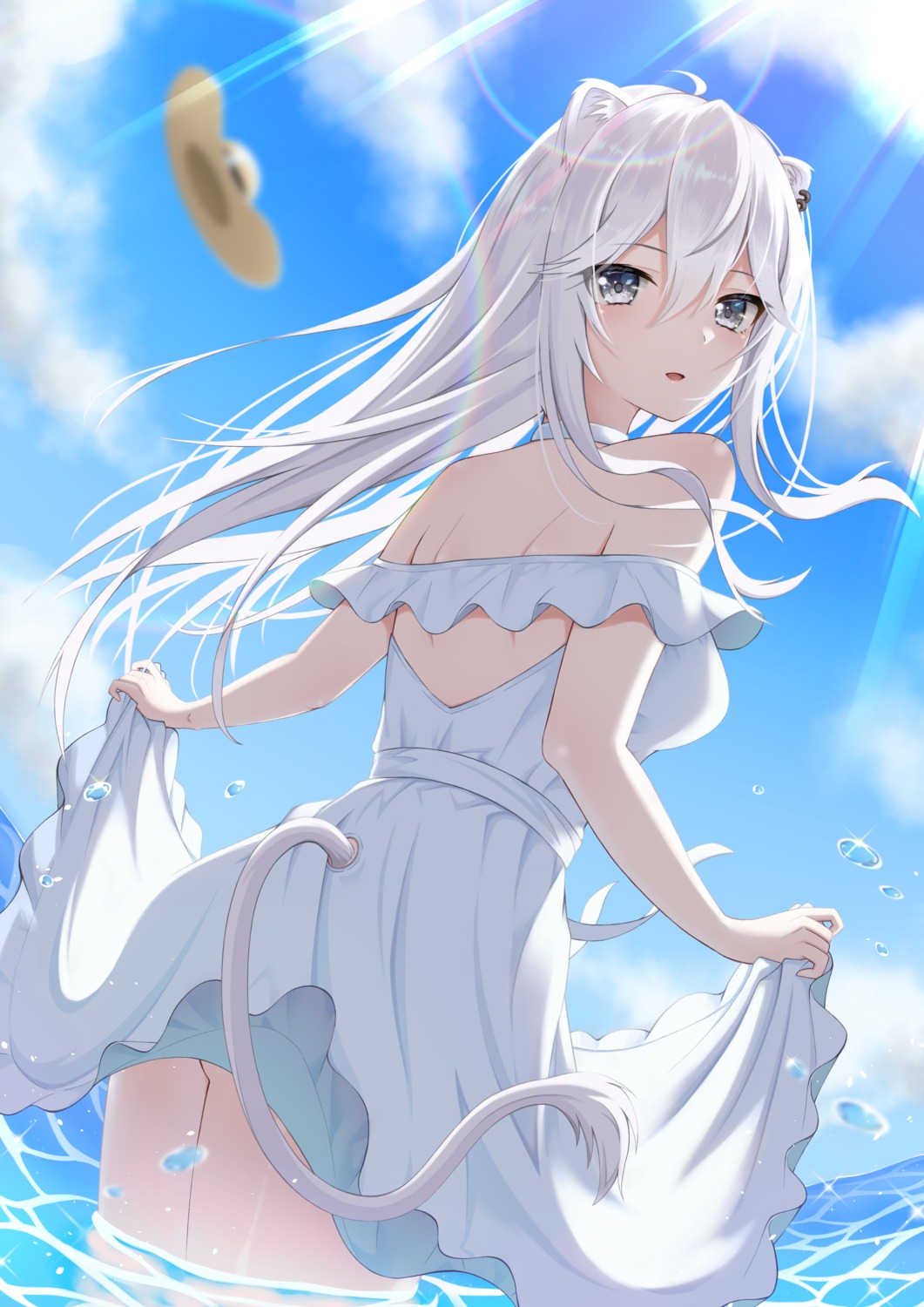 animal_ears ass dress hololive mira_bluesky3 no_bra shishiro_botan skirt_lift summer_dress tail wet