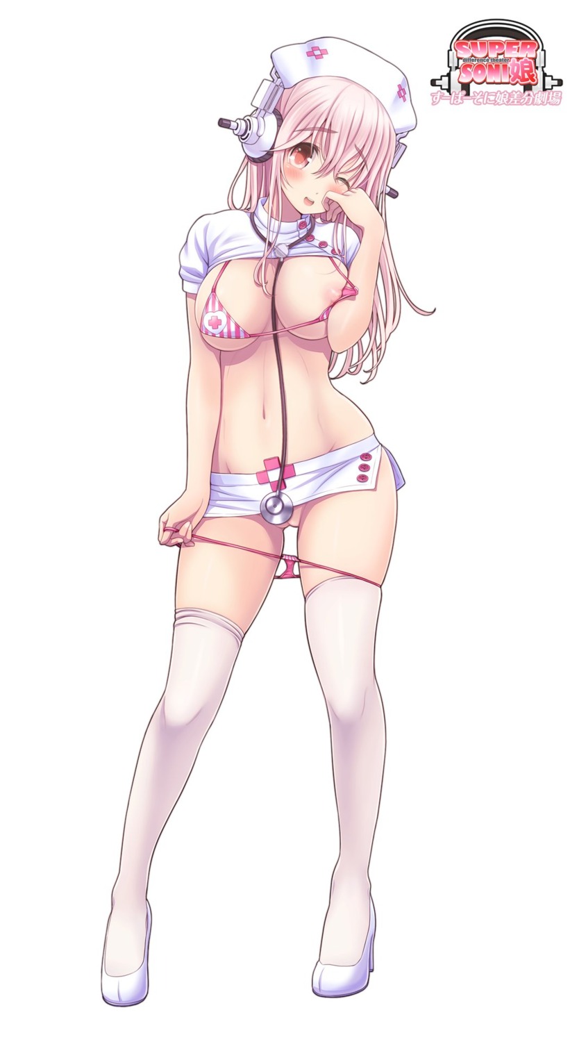 bra breast_hold heels mag_kan nipples nurse pantsu panty_pull shimapan shirt_lift skirt_lift sonico super_sonico thighhighs thong undressing v-mag