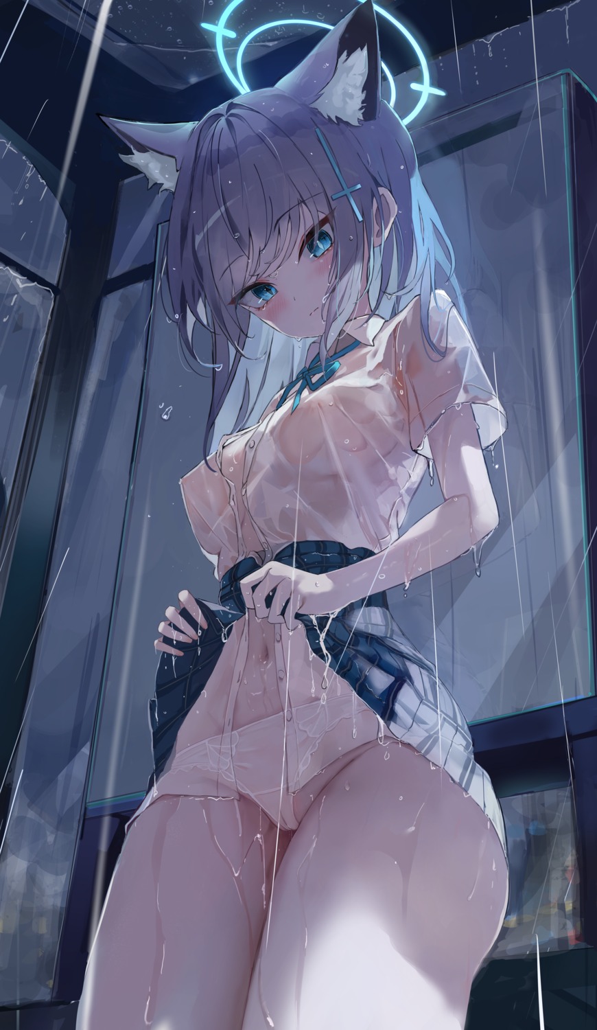 animal_ears blue_archive bunny_kitsune cameltoe halo nekomimi nipples no_bra pantsu see_through seifuku skirt_lift sunaookami_shiroko thong wet wet_clothes