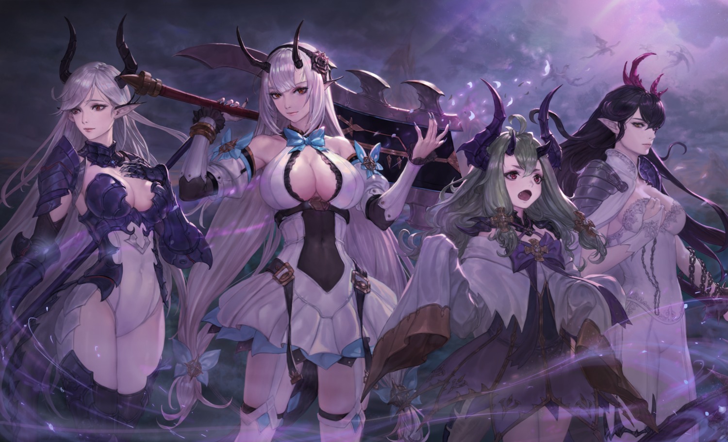 alencia_(epic7) armor dress epic7 horns leotard luna_(epic7) no_bra pointy_ears stockings tfrdes1000 thighhighs weapon yufine_(epic7)