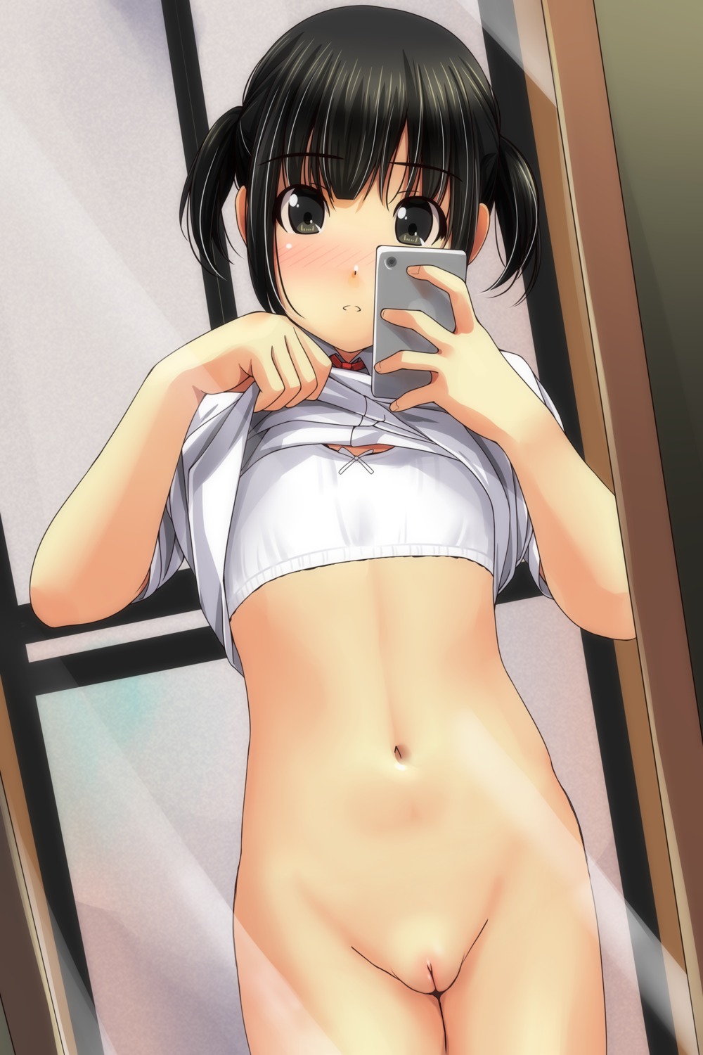 bottomless bra loli matsunaga_kouyou pussy seifuku selfie shirt_lift uncensored