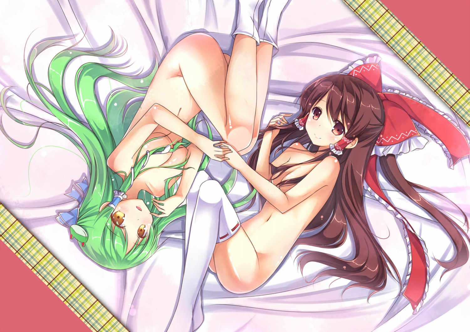 hakurei_reimu jpeg_artifacts kochiya_sanae luky naked thighhighs touhou