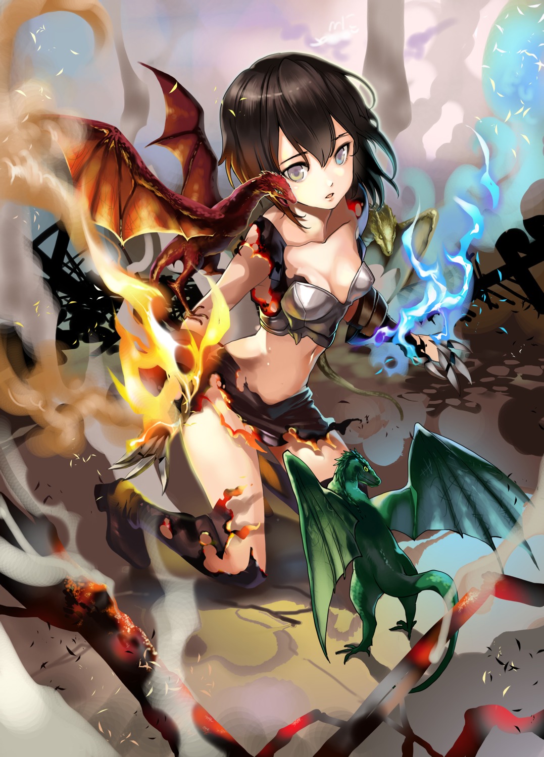 armor chushengdao cleavage heterochromia monster no_bra thighhighs torn_clothes