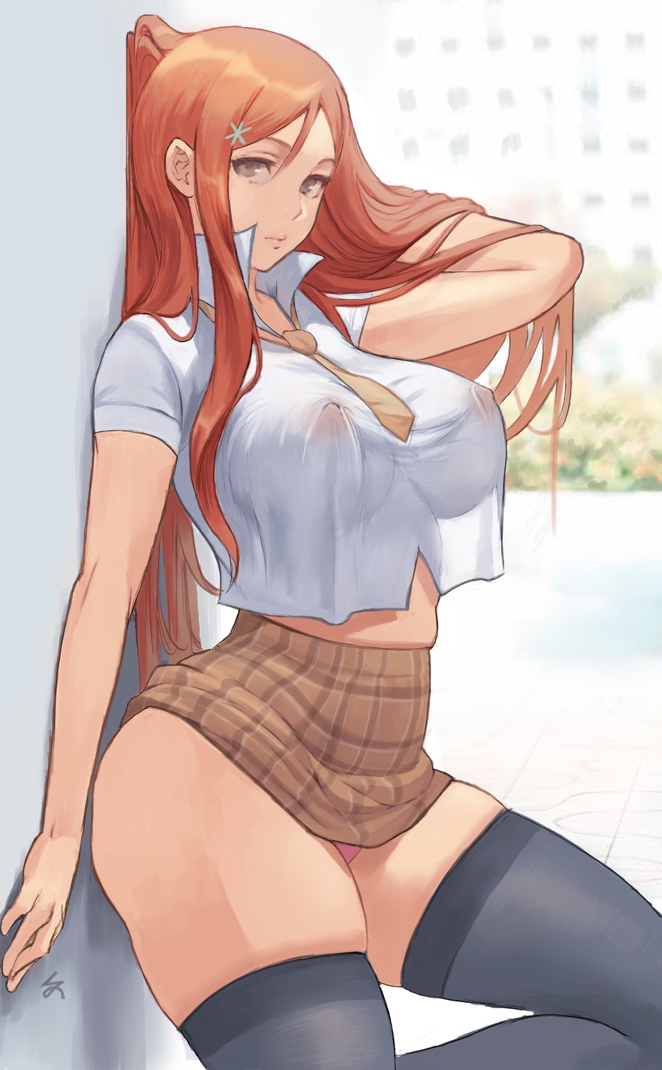 areola bleach erect_nipples inoue_orihime no_bra pantsu see_through skirt_lift thighhighs zefrableu