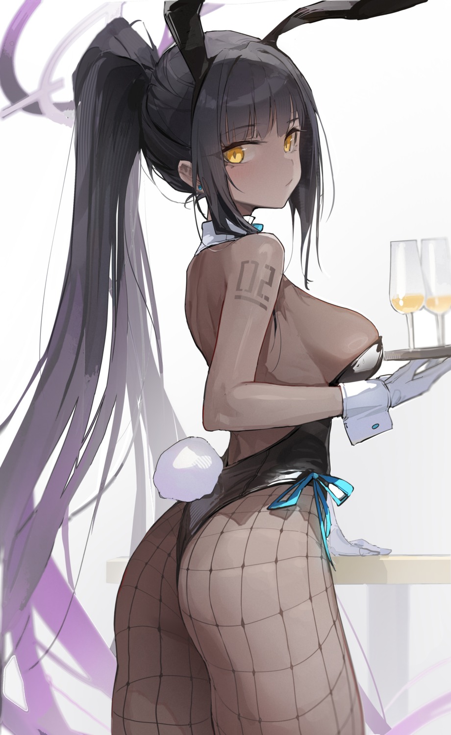 angel animal_ears ass blue_archive bunny_ears bunny_girl fishnets kakudate_karin no_bra pantyhose tail tattoo zombie_ke