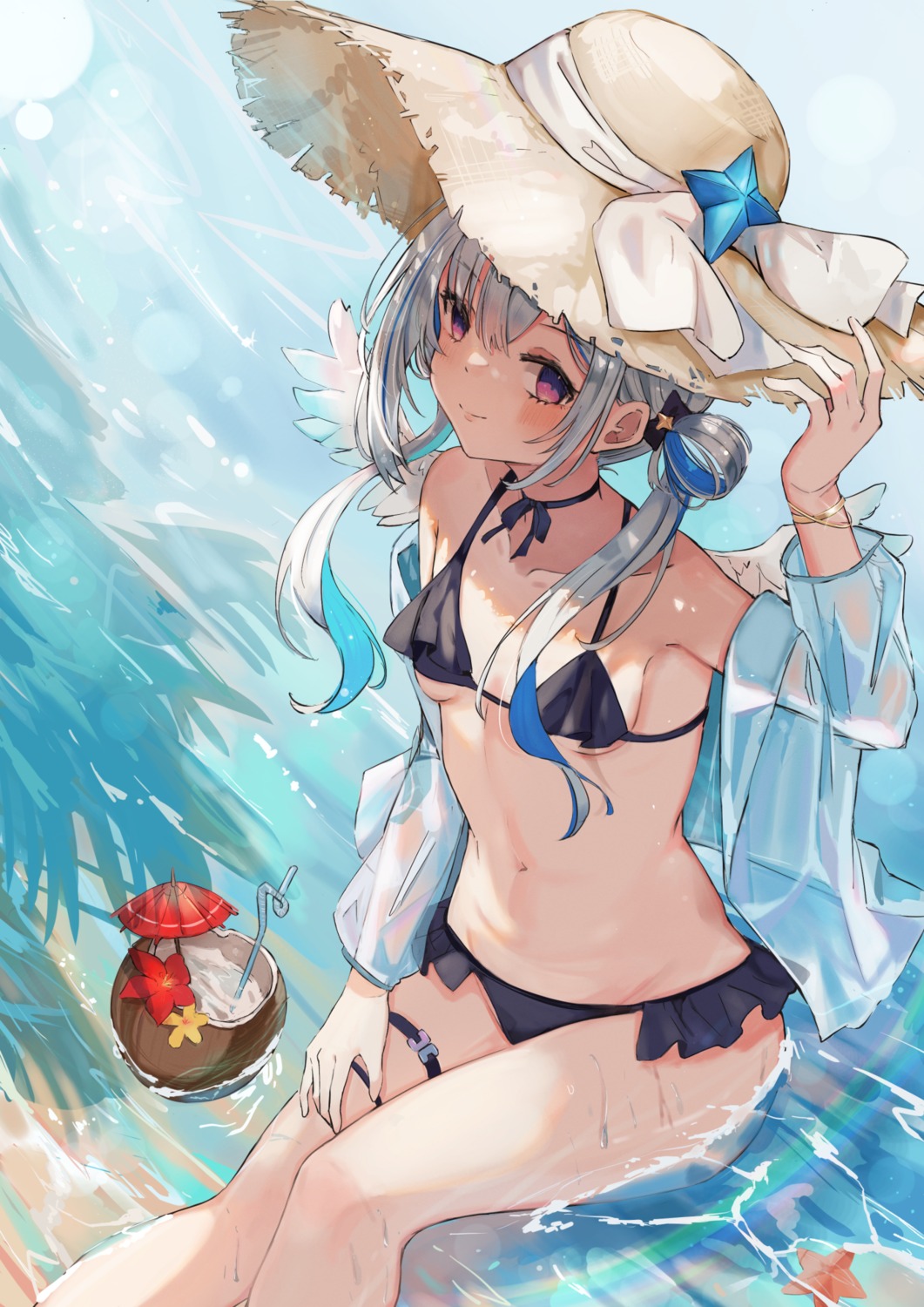 amane_kanata bikini garter hololive miakiuehashi open_shirt see_through swimsuits wet wings