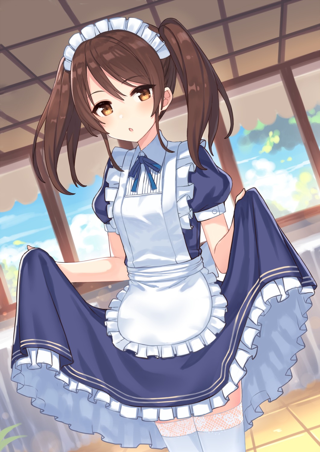 hajime_kaname maid skirt_lift thighhighs waitress