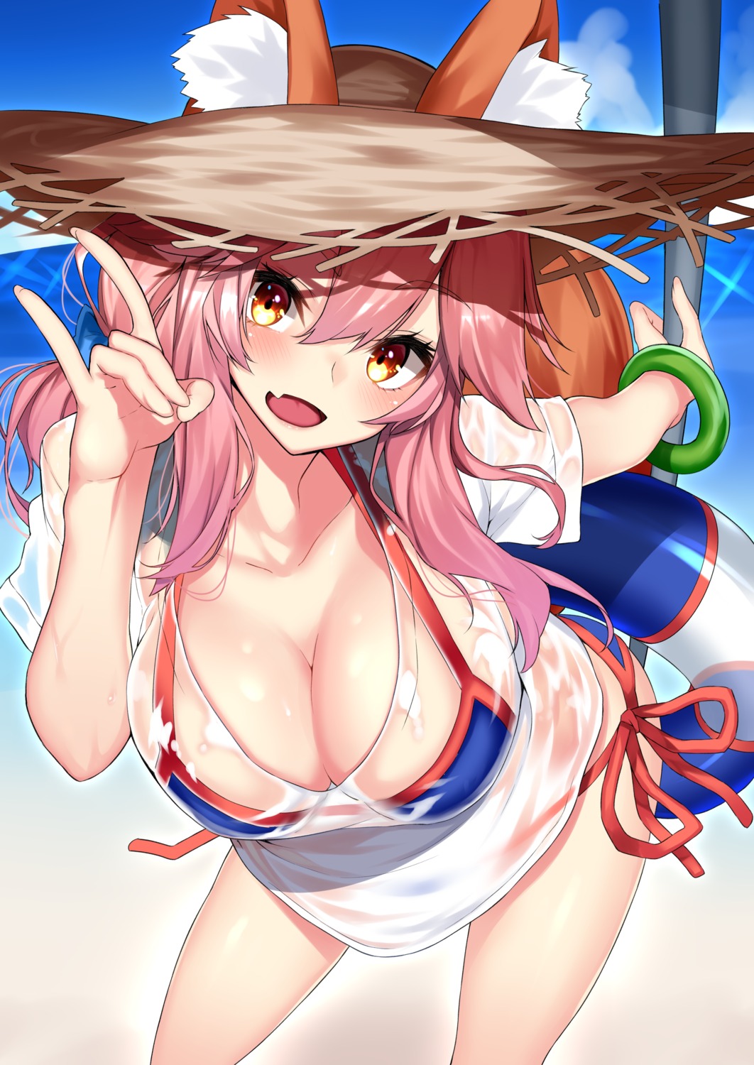 animal_ears bikini cleavage fate/extra fate/grand_order fate/stay_night nebusoku see_through swimsuits tail tamamo_no_mae