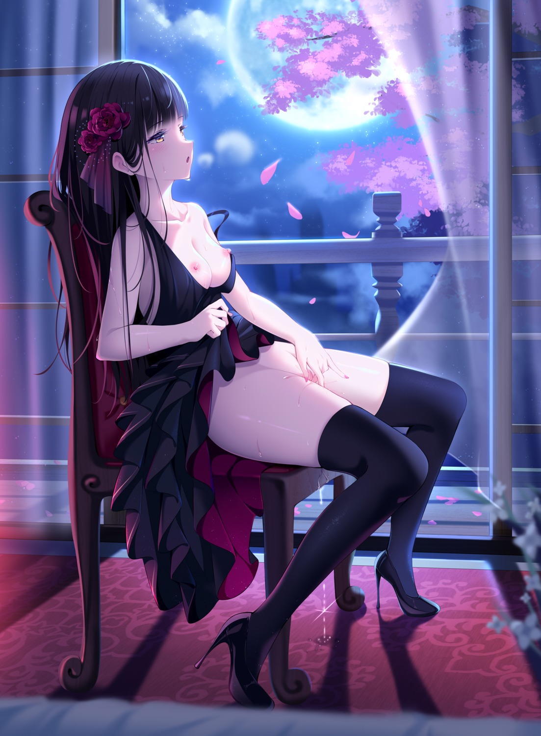 breasts dress heels kagami_(galgamesion) masturbation nipples no_bra nopan open_shirt pussy_juice skirt_lift thighhighs