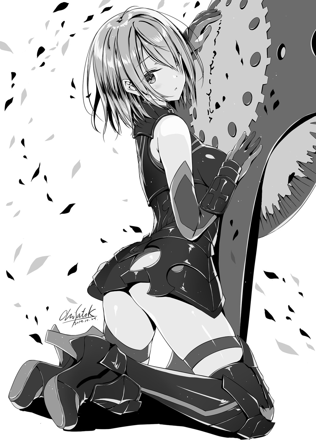 armor ass fate/grand_order garter heels kobayashi_chisato mash_kyrielight monochrome pantsu thighhighs weapon