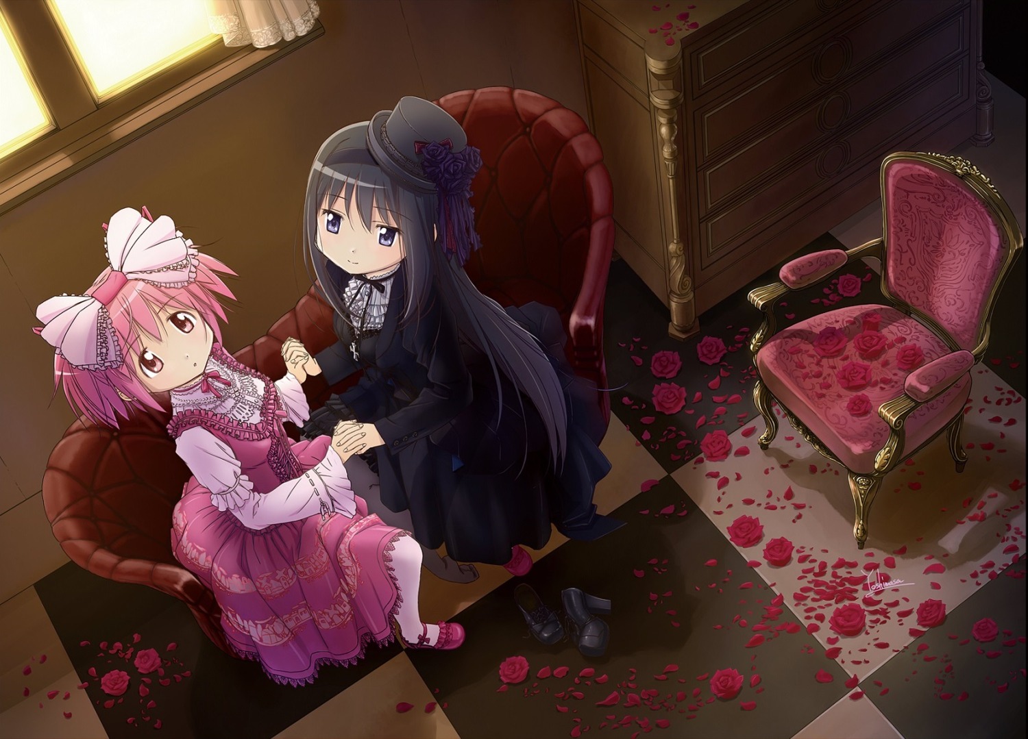 akemi_homura dress gothic_lolita heels kaname_madoka lolita_fashion puella_magi_madoka_magica yoshinaga_masahiro