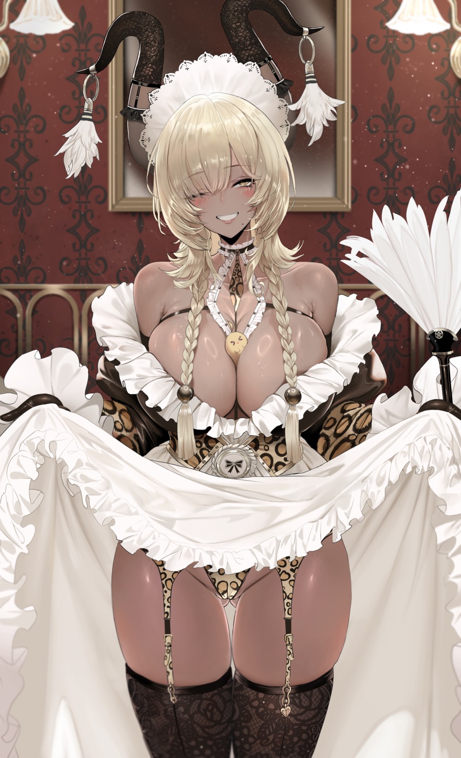 azur_lane cameltoe dishwasher1910 garter_belt horns maid manjuu_(azur_lane) no_bra owari_(azur_lane) pantsu skirt_lift stockings thighhighs thong