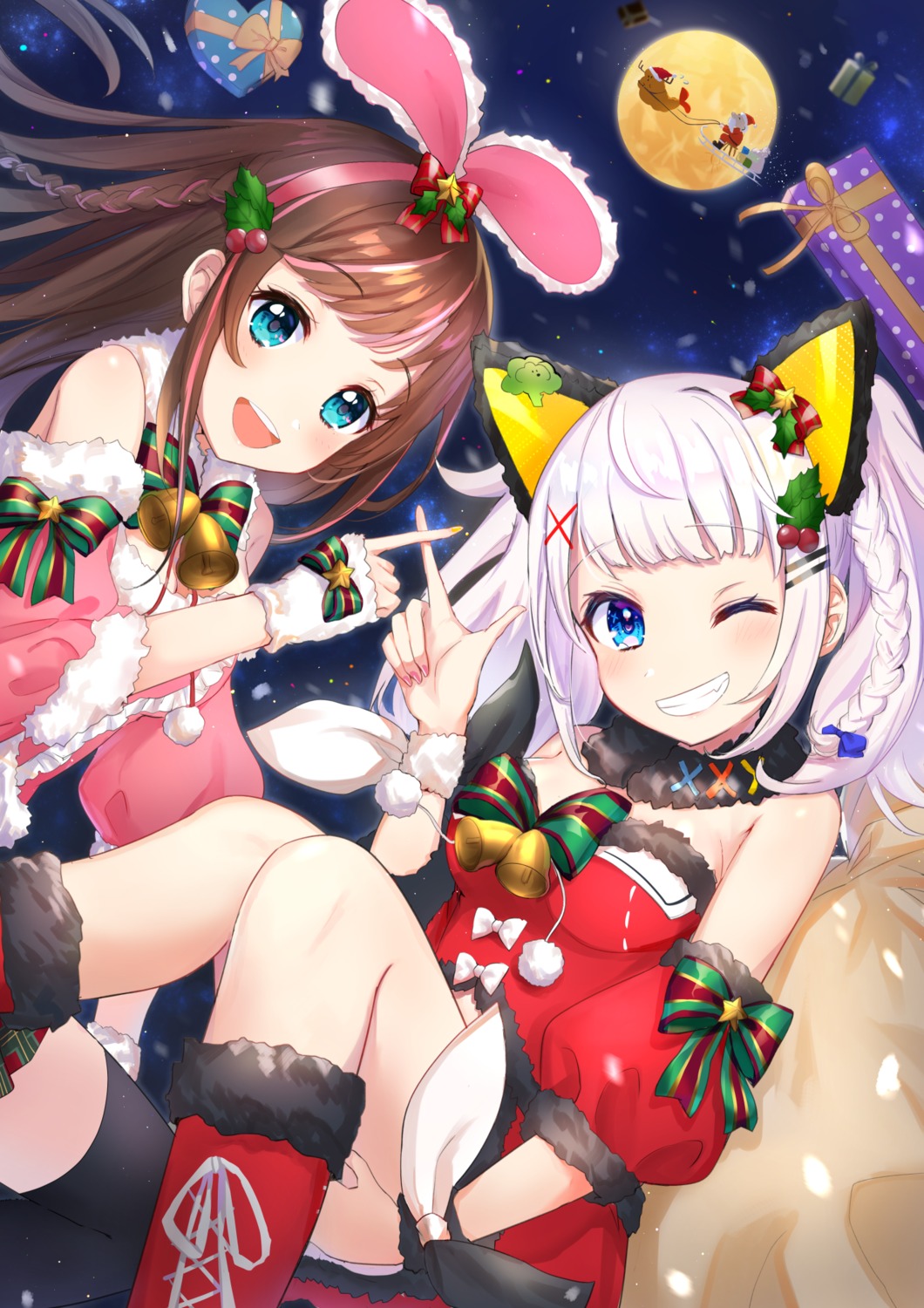 a.i._channel christmas kaguya_luna kizuna_ai omelet_tomato the_moon_studio thighhighs