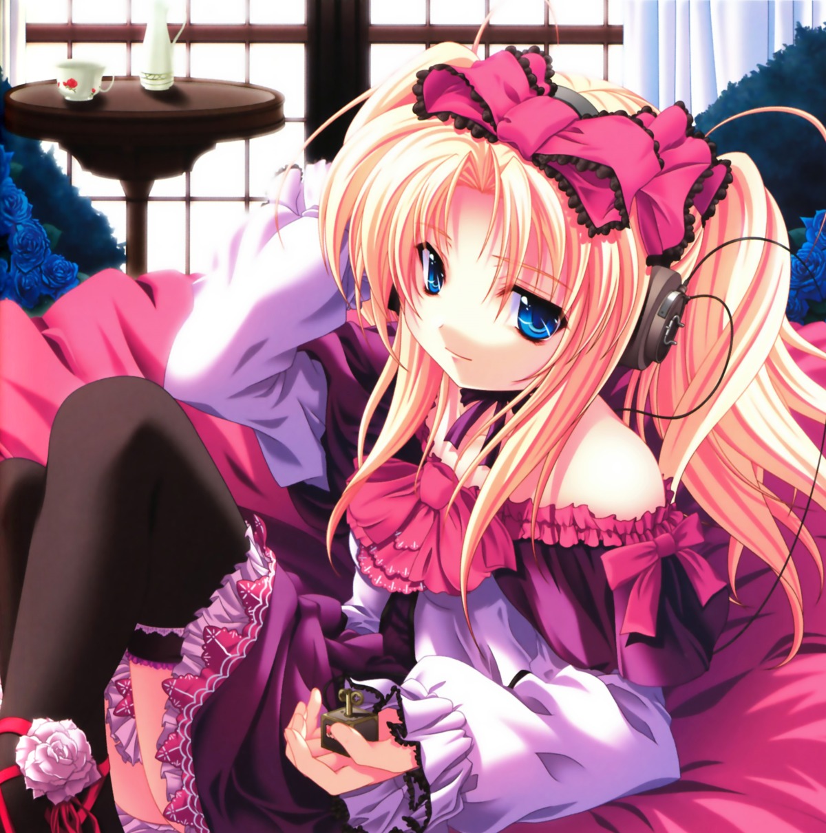 fixed headphones kanojo-tachi_no_ryuugi lolita_fashion miyama-zero shirogane_tobari thighhighs