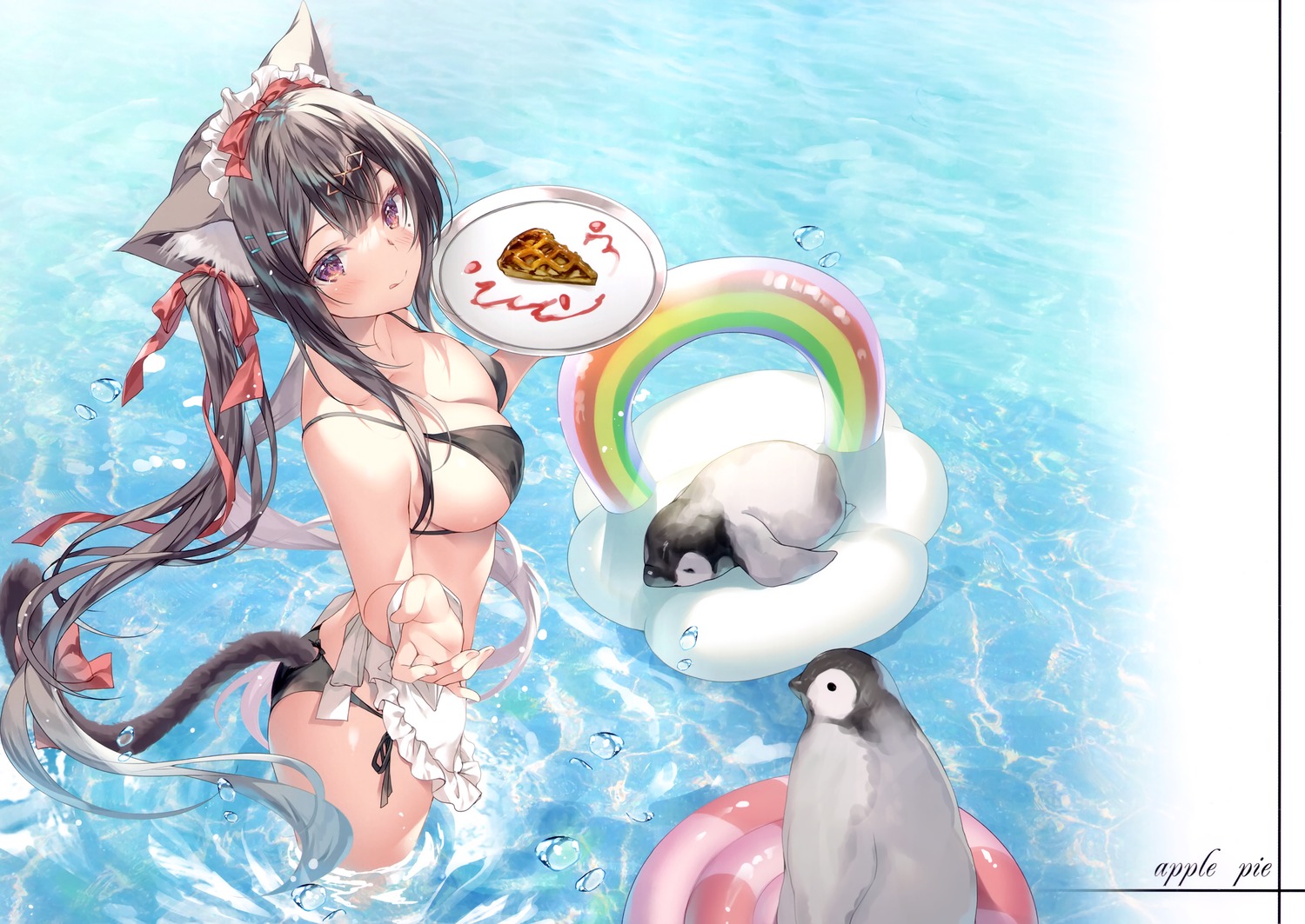 animal_ears bikini miwabe_sakura nekomimi penguin swimsuits tail waitress wet