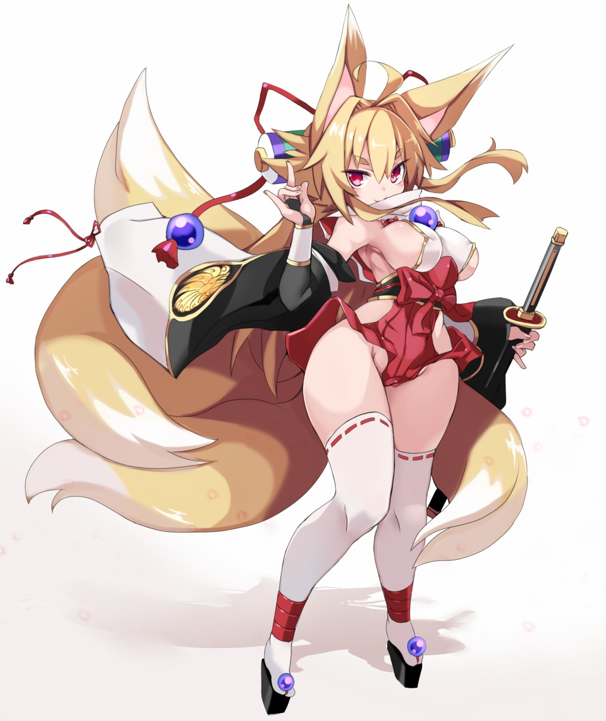 animal_ears erect_nipples izuna_(shinrabansho) karukan kitsune miko no_bra nopan shinrabansho sword tail thighhighs